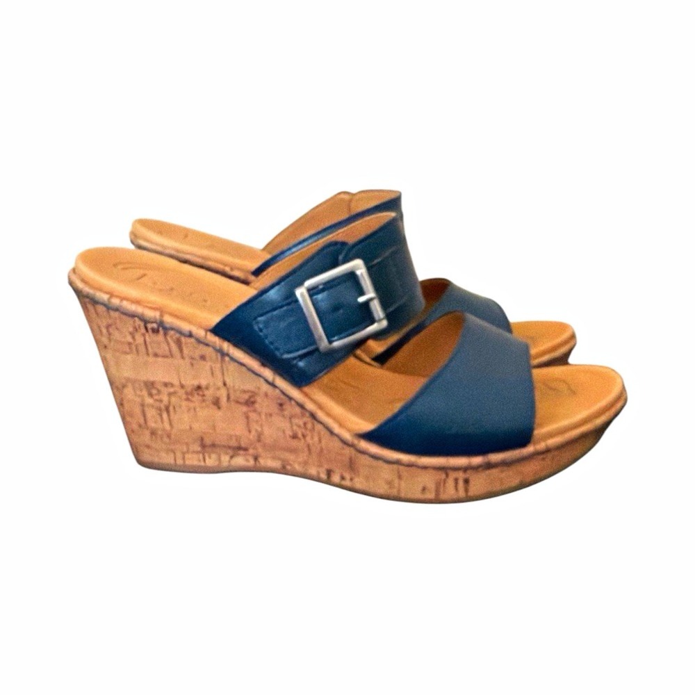BOC Blue Wedge Sandals Size 8 Adjustable Buckle Strap Casual Boho Classic Vacay